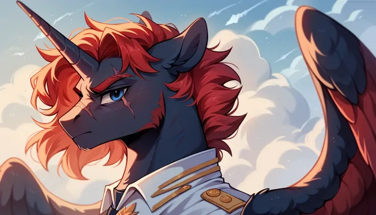 Male alicorn pony, sfw, black fur, dark blue eyes, red stripes, long flowing red hair and tail, scar over left eye, red feathers on wings, thunderstorm butt mark, standing proud, white navy admirals uniform, facing viewer, close-up portrait