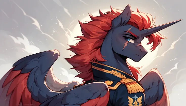 Male alicorn pony, sfw, black fur, dark blue eyes, red stripes, long flowing red hair and tail, scar over left eye, red feathers on wings, thunderstorm butt mark, standing proud, white navy admirals uniform, facing viewer, close-up portrait