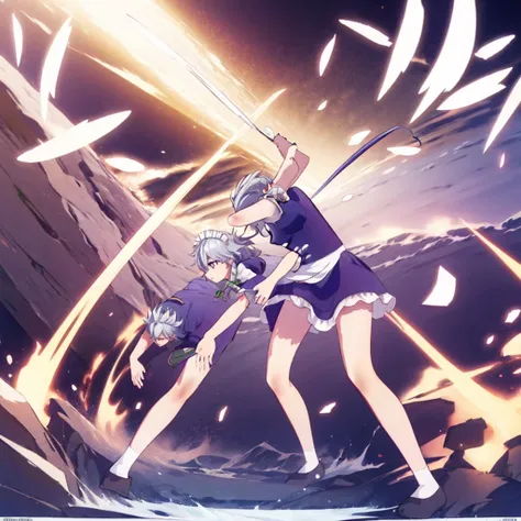 (((High quality))), Sakuya Izayoi, holding knives, epic fight stand, solo