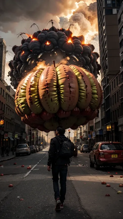 scary monster apples with a background of explosions bomb extream in a city