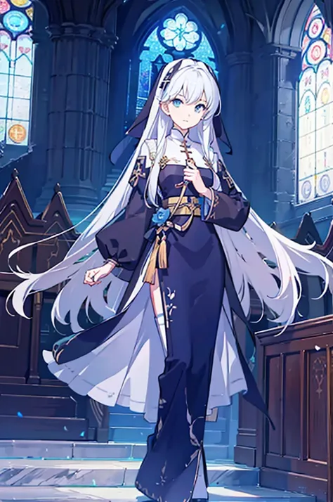 (Best Quality),(masutepiece:1.1),(the Extremely Detailed CG Unity 8K Wallpapers:1.1), (Colorful:0.9),1girl, white hair, solo focus, clearly, blue eyes, very long hair, stole, priest, Bishojo, church