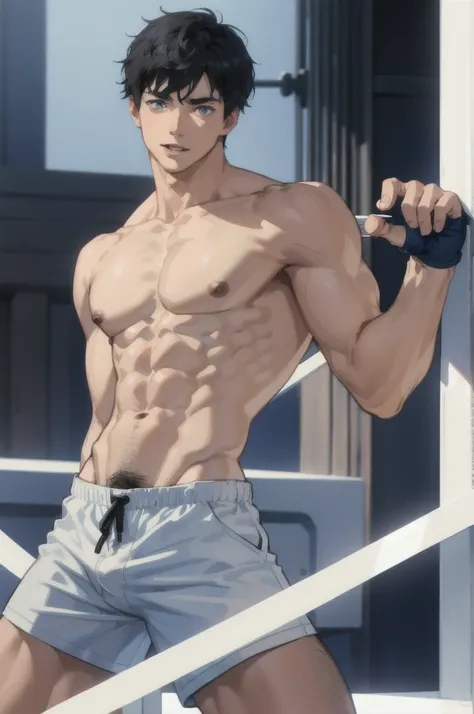 Very detailed black hair boy, detailed realistic blue eyes, muscular, shirtless, strong abs, shirtless, wearing short white shorts, barefoot, touching his cock 