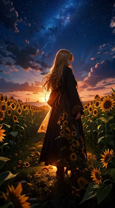 １people々々々々々々々々,Blonde long-haired woman，Long coat， Dress Silhouette， Rear View，Space Sky,　Sunflower flowers，Sunflower field，