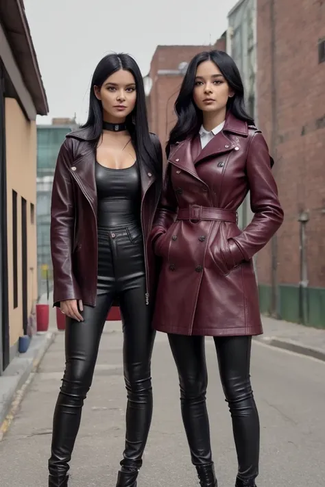 high quality, raw photo, two girls dressed in a long burgundy leather coat,  with buttons,gloves, her long black hair, chest decoration