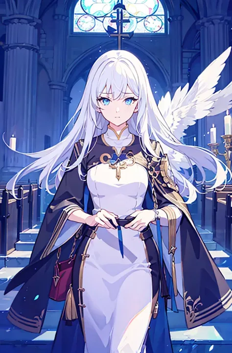 (Best Quality),(masutepiece:1.1),(the Extremely Detailed CG Unity 8K Wallpapers:1.1), (Colorful:0.9),1girl, white hair, solo focus, clearly, blue eyes, very long hair, stole, priest, Bishojo, church