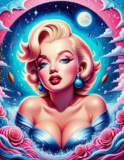 A surrealist painting of Marilyn Monroe, with dreamlike elements and imaginative, otherworldly details. Hyper-realistic, vibrant colors, 16k