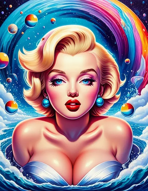 A surrealist painting of Marilyn Monroe, with dreamlike elements and imaginative, otherworldly details. Hyper-realistic, vibrant colors, 16k