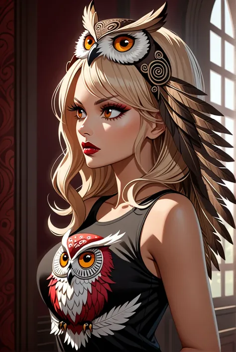 3/4 view, Woman Sakura + Pamela Anderson sexy big ass wearing an (owl headdress), looking away, [Surrealism | Pop Surrealism | Lowbrow Art], [Photography | Digital Painting], in the style of [Brian Viveros | Mark Ryden | Audrey Kawasaki], [rich colors | in...