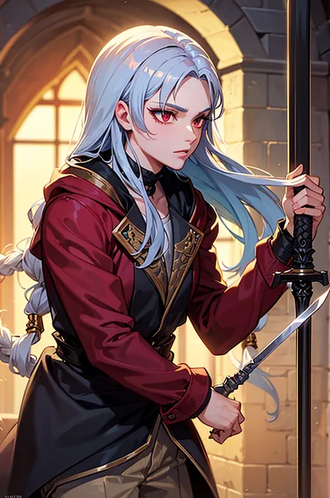 A man with long blue hair, Red eyes, white eyelashes, very attractive in the style of the Castlevania anime, He carries a sword and is in a palace, He is 26 years old, he is male, he has no beard.