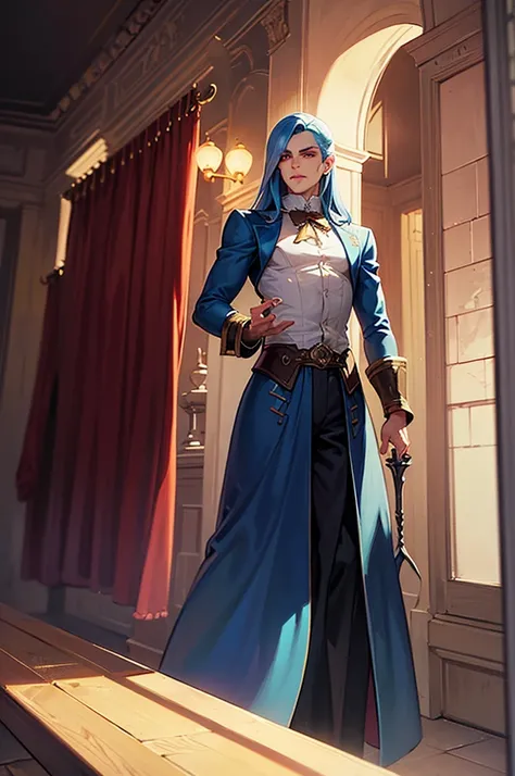 A man with long blue hair, Red eyes, white eyelashes, very attractive in the style of the Castlevania anime, He carries a sword and is in a palace, He is 26 years old, he is male, he has no beard.