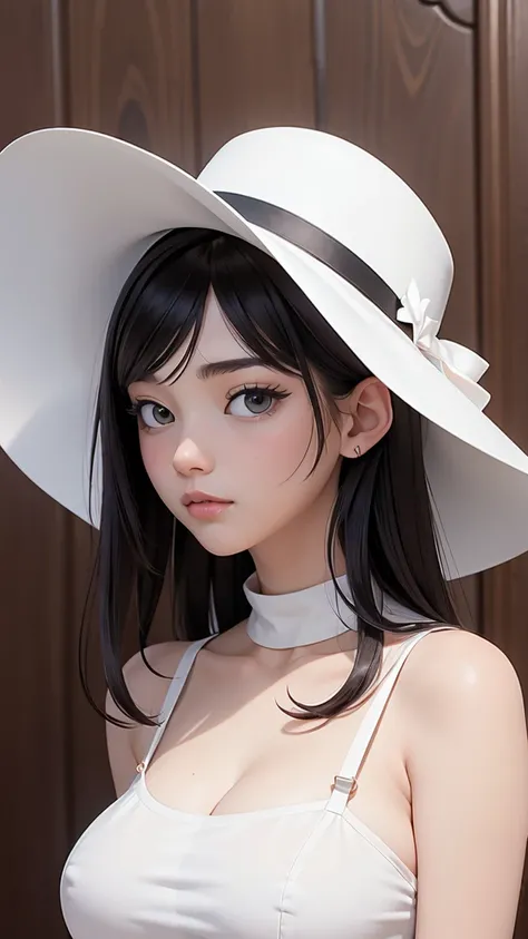 (best quality, masterpiece, perfect face) black hair, 18 years old pale girl, big bust, white sundress, H-cup, big white hat
