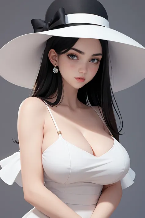 (best quality, masterpiece, perfect face) black hair, 18 years old pale girl, big bust, white sundress, H-cup, big white hat
