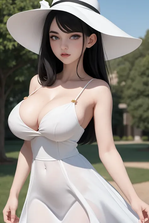 (best quality, masterpiece, perfect face) black hair, 18 years old pale girl, big bust, white sundress, H-cup, big white hat
