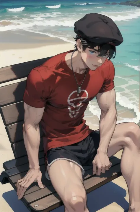 very detailed black hair boy, detailed realistic blue eyes, muscular, shirtless, wearing short red shorts, wearing a cap, barefo...