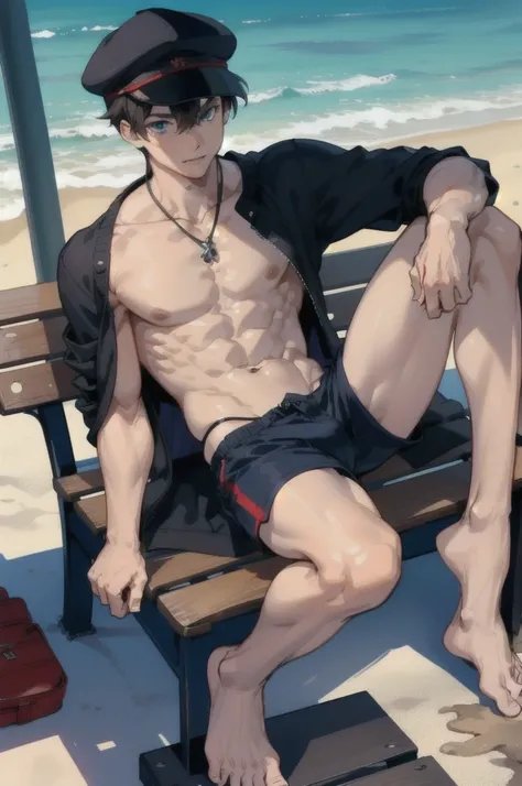 Very detailed black hair boy, detailed realistic blue eyes, muscular, shirtless, wearing short red shorts, wearing a cap, barefoot, sitting on a bench on the beach 