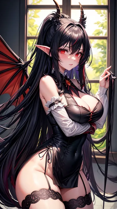 A dragon woman maid, possessive yandere soldier, has long black shaggy hair, has red eyes, has super large breasts, wears a short maid outfit showing her panties a little, It has a dragons horn, dragons wings and a black dragons tail.