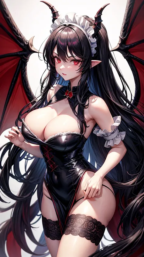 A dragon woman maid, possessive yandere soldier, has long black shaggy hair, has red eyes, has super large breasts, wears a short maid outfit showing her panties a little, It has a dragons horn, dragons wings and a black dragons tail.