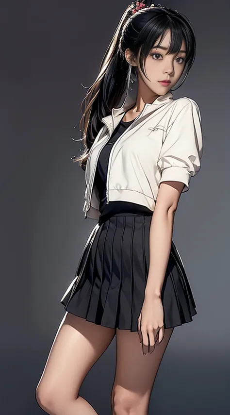 1 Girl、solo、Long Hair、chest、View your viewers、bangs、skirt、大きなchest、Black Hair、Hair Ornaments、gloves、Keep、Brown eyes、Closed Mouth、Are standing、Jacket、whole body、ponytail、arms、Short sleeve、プリーツskirt、boots、Outdoor、 Open clothes、Day、黒いgloves、Puffy sleeves、swor...