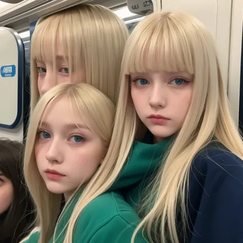 Pale blonde teen girl bangs long soft silky hair, blue-green eyes, taking photo on the new york subway with white sweatshirt, looking intimately at the camera with her rosy cheek and eyeliner