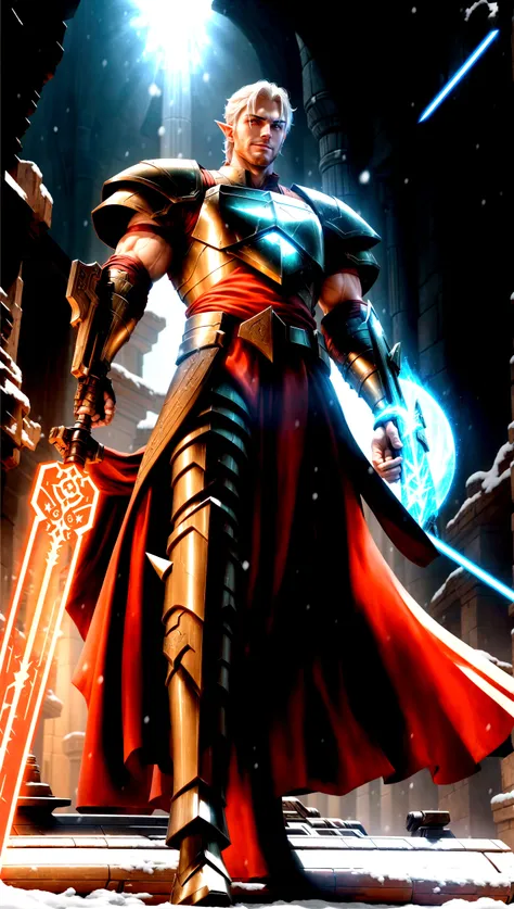 full body shot, star wars, 3d shading, tall brawny muscular, pale white skin, snow elf, subtle grin, long scarlet red tied back hair, thick eyebrows and stubble, red eyes, holding his twohanded claymore greatsword the large green plasma blade, black half p...