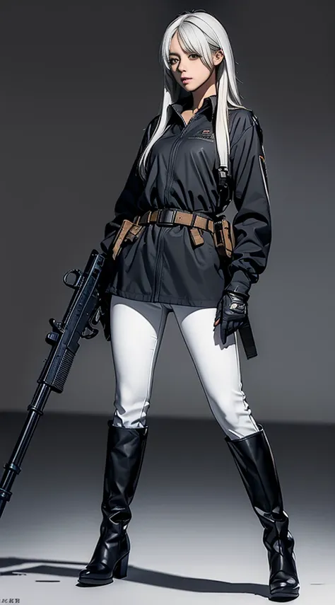  1girl, solo, long hair, looking at viewer, thighhighs, gloves, long sleeves, holding, closed mouth, standing, full body, weapon, white hair, boots, black gloves, belt, pants, holding weapon, lips, gun, grey eyes, military, shadow, holding gun, rifle, knee...