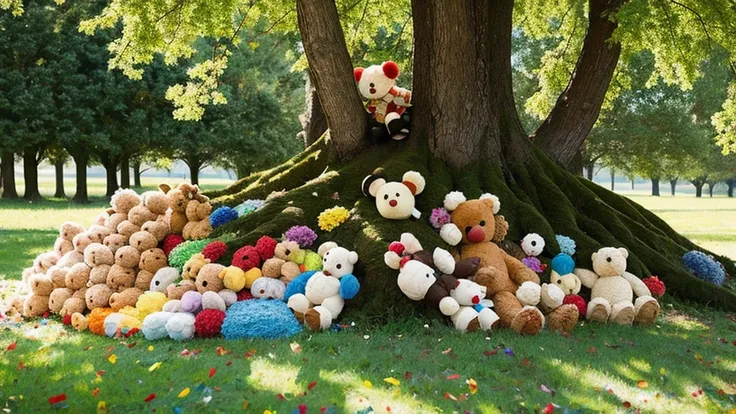 A tree covered with teddy bears. Sunny