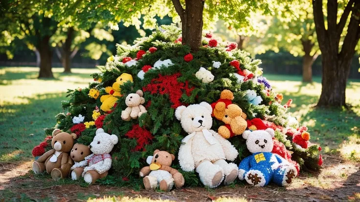 A tree covered with teddy bears. Sunny