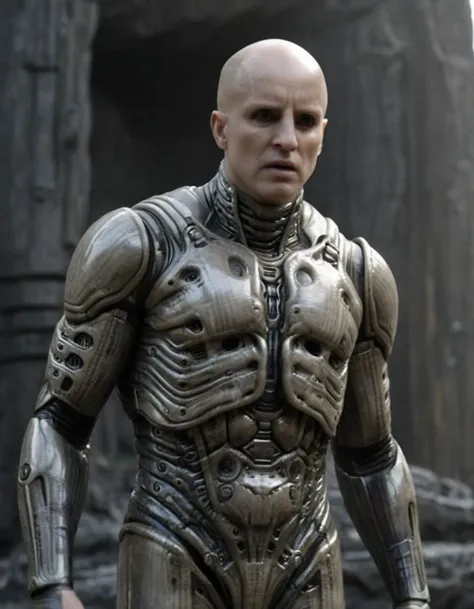 engineer1024, cinematic movie still of the prometheus movie by ridley scott, a bald pale semi-alien male with dark black  eyes, ...