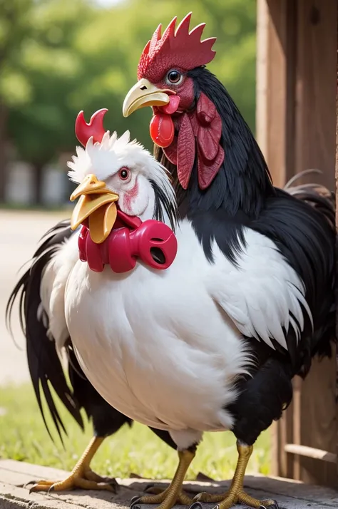 Rooster with a pacifier in its mouth and using a baby diaper 