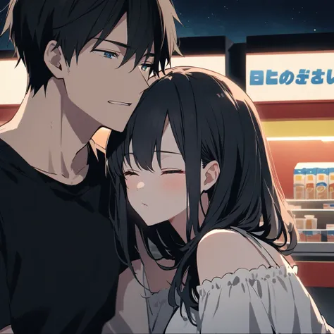 Couple convenience store at night、The woman has straight black hair, her eyes closed, and is wearing a white off-the-shoulder blouse.、The man has his eyes closed and is wearing a black T-shirt