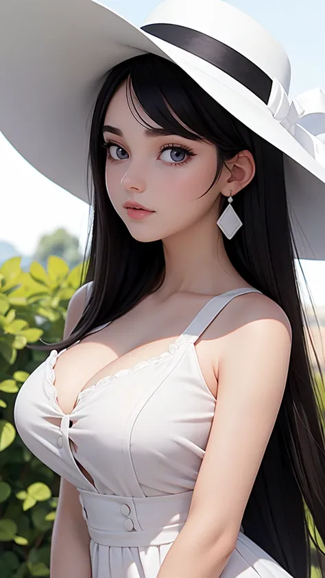 (best quality, masterpiece, perfect face) black hair, 18 years old pale girl, big bust, white sundress, H-cup, big white hat
