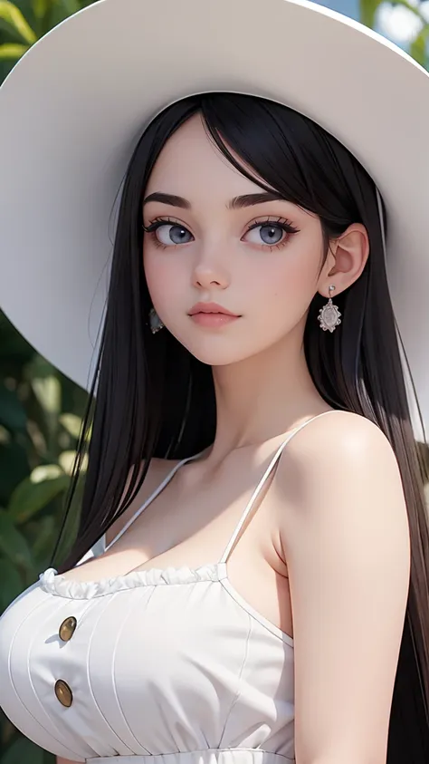 (best quality, masterpiece, perfect face) black hair, 18 years old pale girl, big bust, white sundress, H-cup, big white hat
