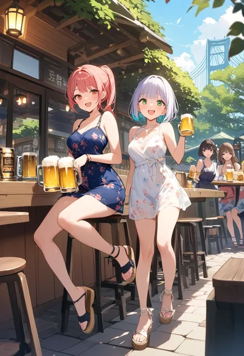 Highest quality、High resolution、Detailed Background、Beautiful face in every detail、Beautiful girl in her 20s、Highly detailed face、Cute hair colour、ponytail、Bobcut、Perfect body line、
(Two women having a good time with friends in a beer garden with beautiful...