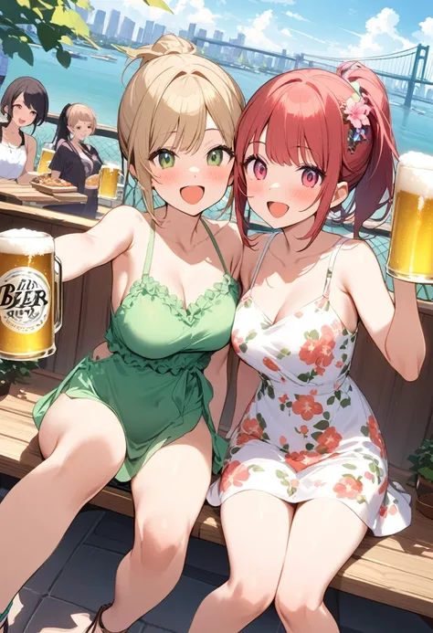 Highest quality、High resolution、Detailed Background、Beautiful face in every detail、Beautiful girl in her 20s、Highly detailed face、Cute hair colour、ponytail、Bobcut、Perfect body line、
(Two women having a good time with friends in a beer garden with beautiful...