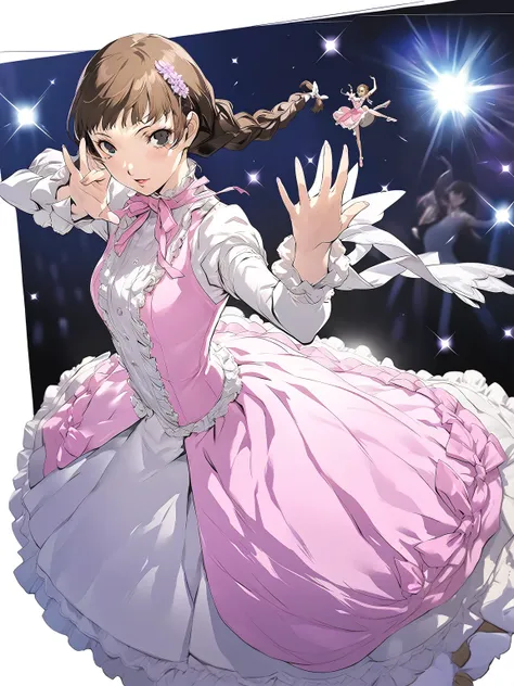 beautiful girl, long braids, light brown hair, black eyes, teen, Persona5 character, Taiga Asaki ,masterpiece, meilleure qualité, pose dynamic, pretty, lavender color, side bangs, idol, character concept art, frills, angelic