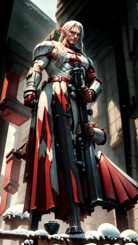 full body shot, star wars, 3d shading, tall brawny muscular, pale white skin, snow elf, subtle grin, long scarlet red tied back hair, thick eyebrows and stubble, red eyes, holding his twohanded claymore greatsword the large green plasma blade, black half p...