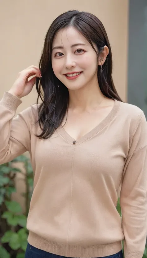 (8K, highest quality, masterpiece: 1.2), (realistic, photorealistic: 1.37), super detail, natural light, small breasts, cleavage visible, 1 person, 40-year-old woman, black hair, during, knitted V-neck Shirt, highly detailed face and skin, detailed eyes, h...