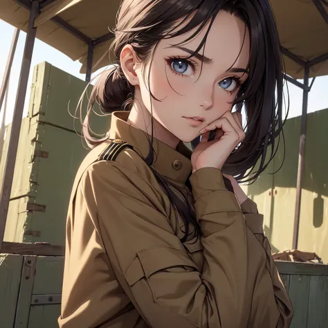 (8K, Best Quality, Masterpiece, Ultra High Resolution) 1Woman, Beautiful Eyes, Face Details, Dark Hair, Hair Ponytail, Hazel Eyes, Pale Skin, Tan Colored Military Uniform, Tan Jacket, White Fitted Shirt, Outside, Military Camp, Countryside, Best Quality, U...