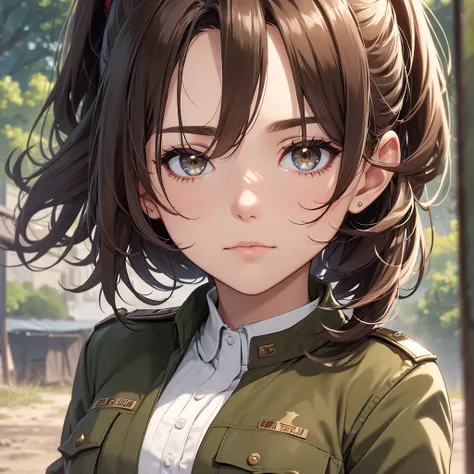 (8K, Best Quality, Masterpiece, Ultra High Resolution) 1Woman, Beautiful Eyes, Face Details, Dark Hair, Hair Ponytail, Hazel Eyes, Pale Skin, Tan Colored Military Uniform, Tan Jacket, White Fitted Shirt, Outside, Military Camp, Countryside, Best Quality, U...