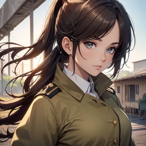 (8K, Best Quality, Masterpiece, Ultra High Resolution) 1Woman, Beautiful Eyes, Face Details, Dark Hair, Hair Ponytail, Hazel Eyes, Pale Skin, Tan Colored Military Uniform, Tan Jacket, White Fitted Shirt, Outside, Military Camp, Countryside, Best Quality, U...