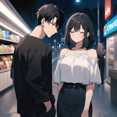 Couple convenience store at night、The woman has straight black hair, and is wearing a white off-the-shoulder blouse.、The man has his eyes closed and is wearing a black T-shirt, whole body