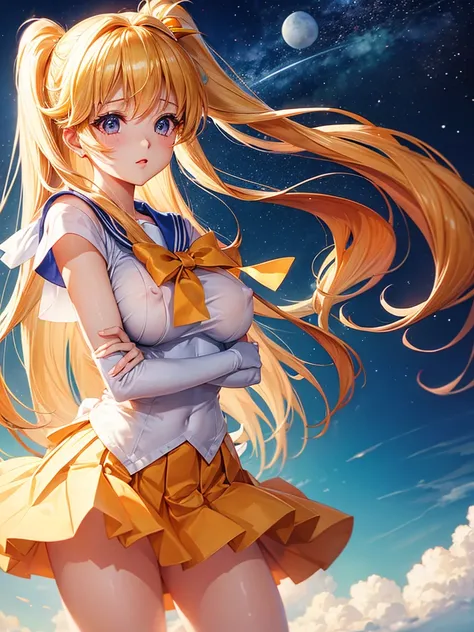 (Highest quality)、Sailor Venus、Big Breasts、no good、Nipples are visible、Mini Pleated Skirt、Blonde long straight hair、Glossy hair