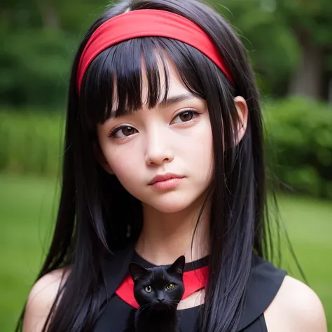 a masterpiece portrait of a beautiful young woman with a small face and a cute expression with a black cat, wearing a red headband, in a , shot with a DSLR camera, high-quality 8k UHD image with realistic skin details, detailed facial features, rim lightin...