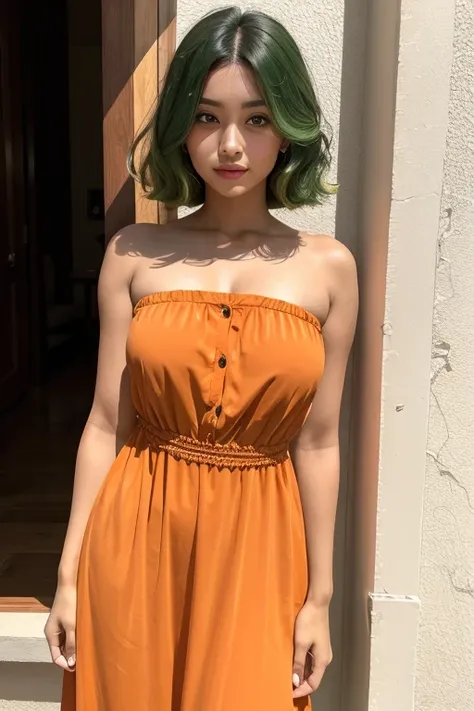 Woman green hair beautiful brown eyes tanned skin wearing orange dress 