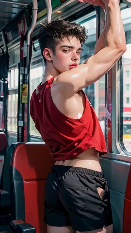 grasp、、((19-year-old short-haired boy)) in tank top grabs butt on bus、Raising arms to show armpits、shortpants、Fat uncle touching boys ass１a person、Grabbing the buttockolesting、Touching your buttocks on the bus、red blush、