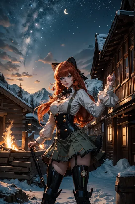 cowboy shot, (dynamic pose), smile,  underbust, Penny Polendina, long red hair, neck ribbon, suspender skirt, corset, black bow, white blouse, mechanical legs, neon trim, standing, near ski lodge, BREAK night, stars, moon, snow, BREAK mountains in backgrou...