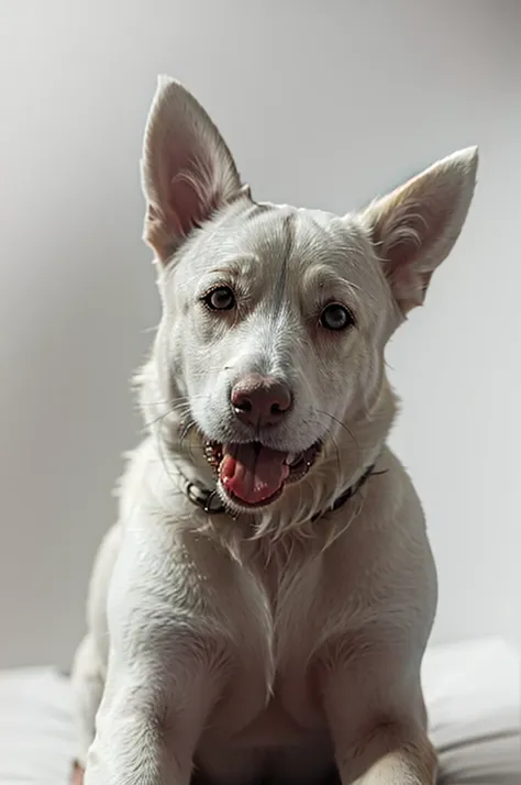 happy dog with white tongue, white dog, for the beautiful, 4 k image, designer, dog sitting, i need to see the side of the dog, ...