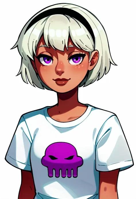 score_9, score_8_up, score_7_up, score_6_up, score_5_up, score_4_up, simple artsyle, source_anime, 1girl, rolalstart, white shirt, t-shirt, shirt symbol, short hair, bob cut, platinum blonde hair, hairband, dark skin, purple eyes,