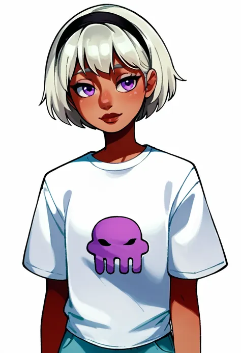 score_9, score_8_up, score_7_up, score_6_up, score_5_up, score_4_up, simple artsyle, source_anime, 1girl, rolalstart, white shirt, t-shirt, shirt symbol, short hair, bob cut, platinum blonde hair, hairband, dark skin, purple eyes,