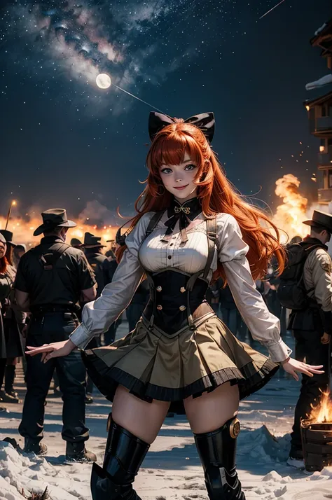 cowboy shot, (dynamic pose), smile,  underbust, Penny Polendina, long red hair, neck ribbon, suspender skirt, corset, black bow, white blouse, mechanical legs, neon trim, standing, near ski lodge, BREAK night, stars, moon, snow, BREAK mountains in backgrou...